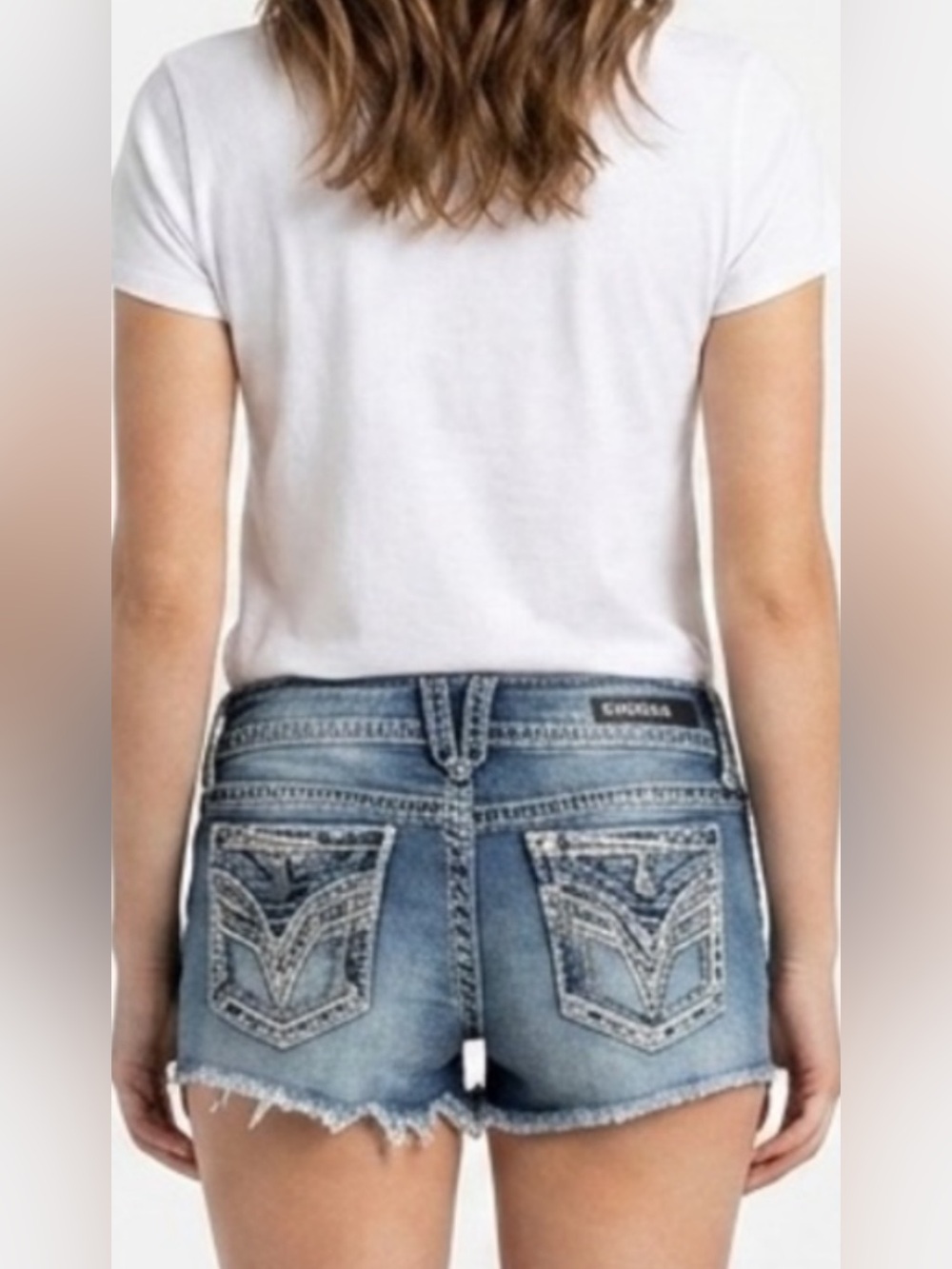 VIGOSS Cut Off Jean Shorts Size 3/4 Denim Embellished Back Pockets Low Rise